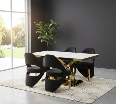 Elina 180cm Gold Dining Table With Santos Velvet Gold Chairs
