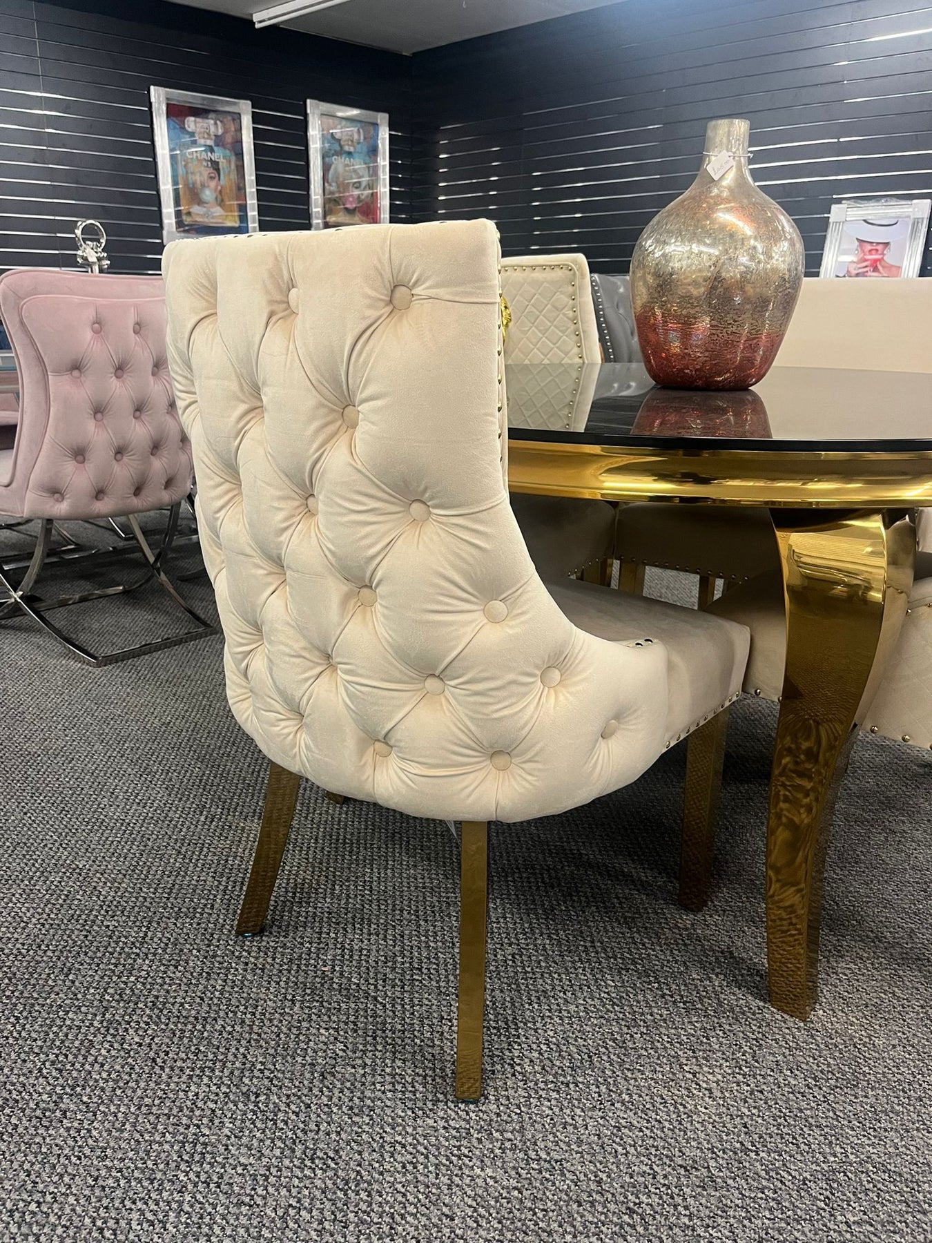 Louis 130cm Gold Round Marble Dining Table With Kensington Cream/Gold Velvet Dining Chairs