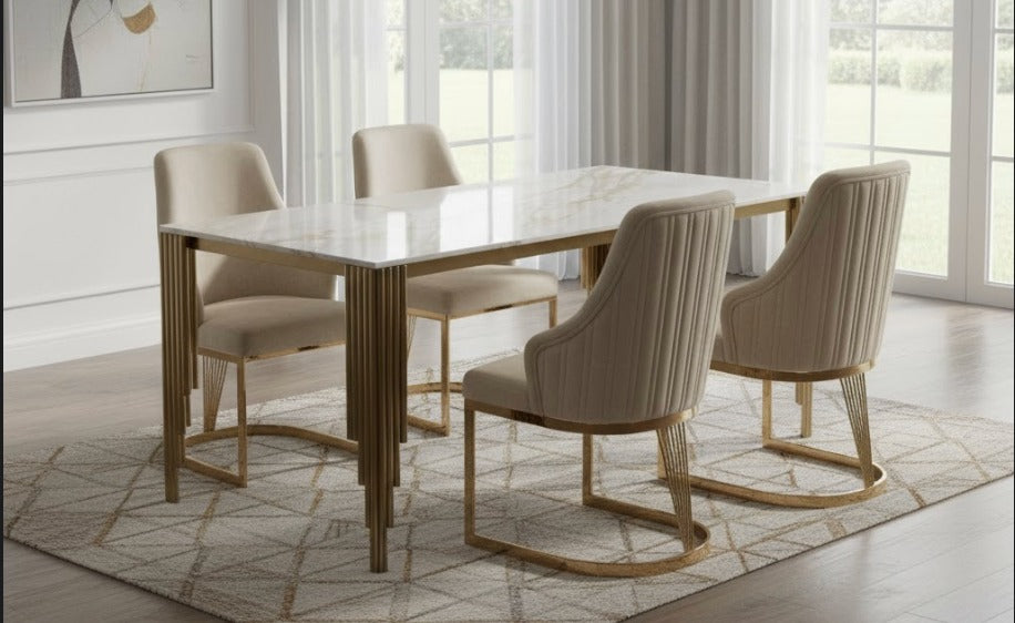 Mayfair 180CM Gold Marble Dining Table With Carlton Gold Velvet Dining Chairs