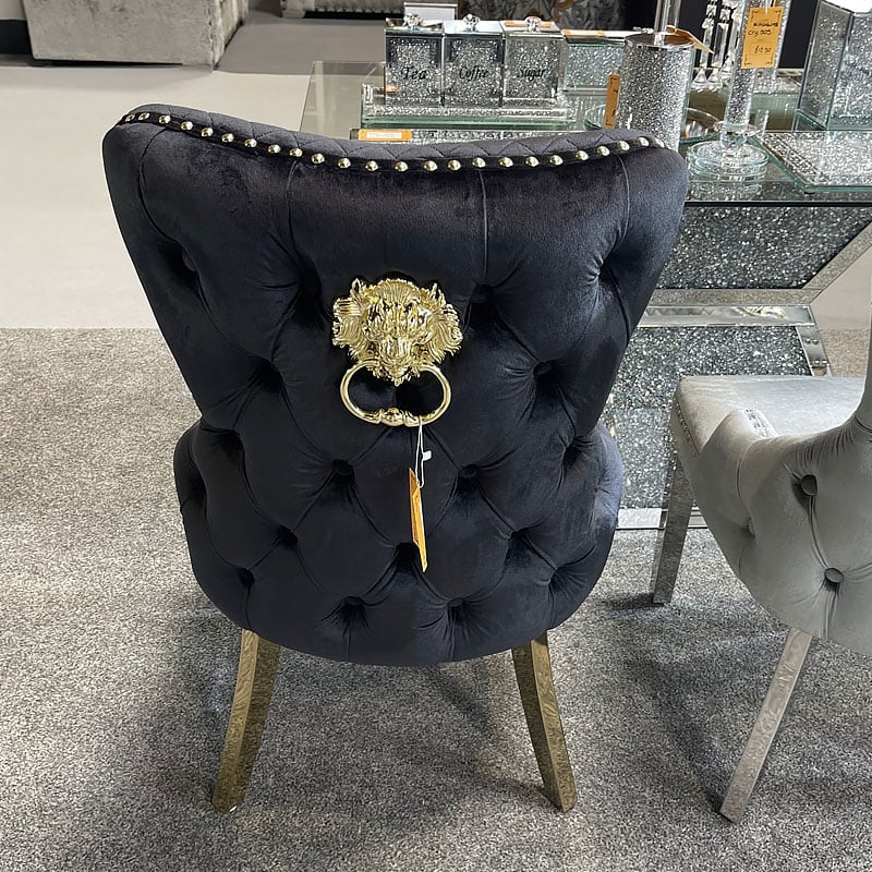Louis Grey Gold Marble Dining Table With Victoria Shimmer Velvet Lion Knocker Velvet Chairs