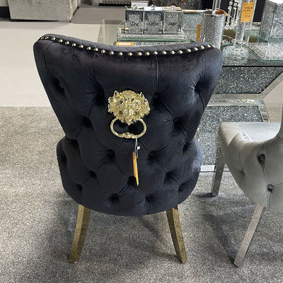 Louis Grey Gold Marble Dining Table With Victoria Shimmer Velvet Lion Knocker Velvet Chairs