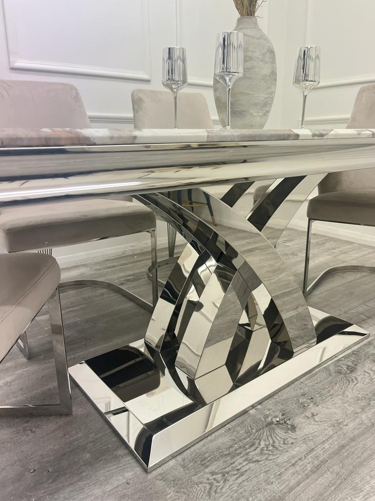 Cello 180cm Marble & Chrome Dining Table With Carlton Beige/Chrome Velvet Chairs