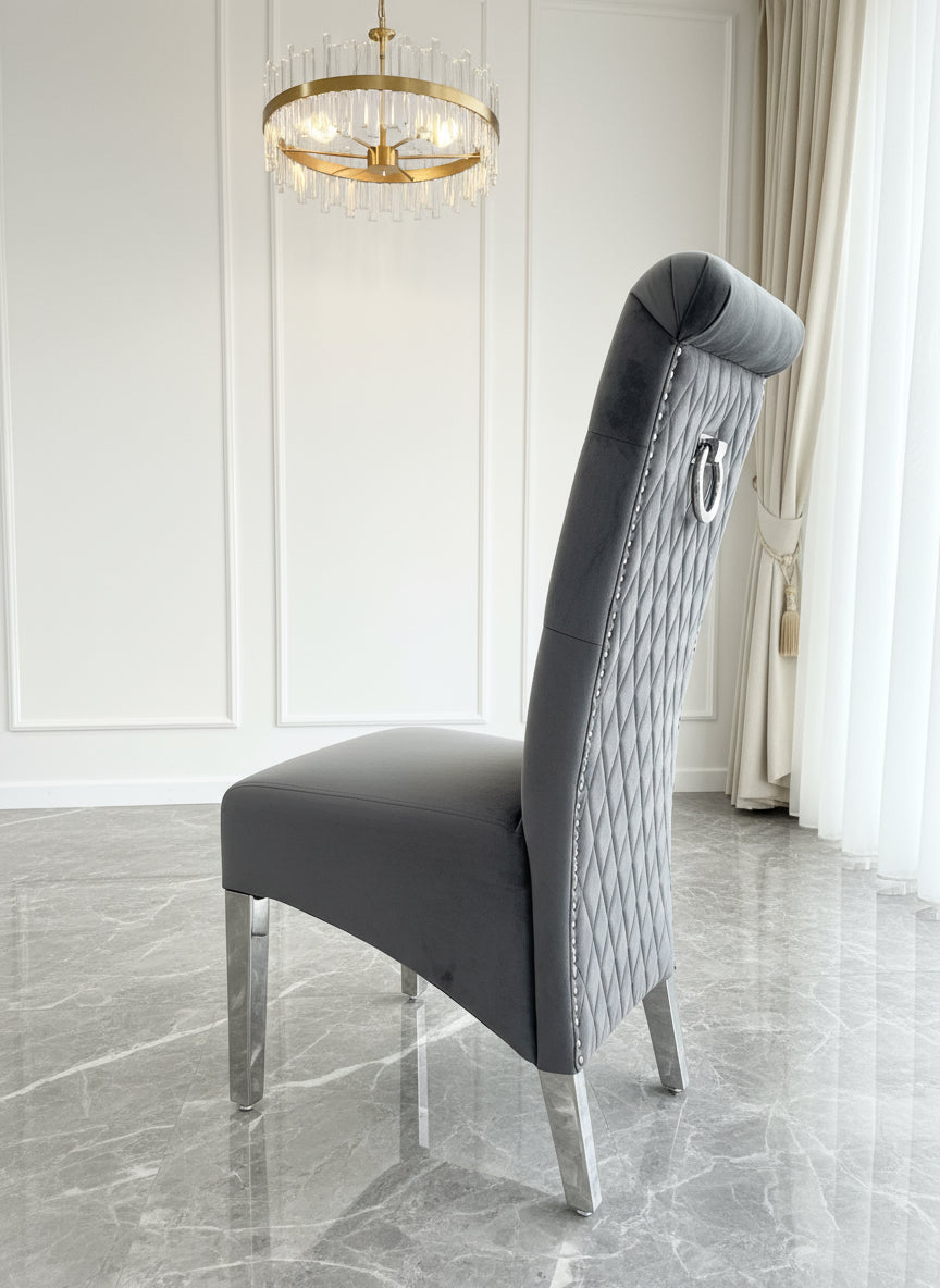 Louis Marble & Chrome Dining Table With Lucy Slim Quilted Ring Knocker Grey Velvet Chairs