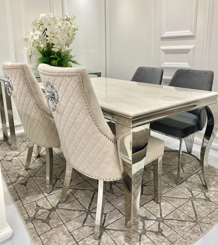 Louis Cream Marble Dining Table + Lion Knocker Quilted Dining Chairs