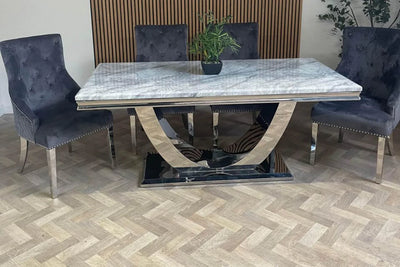 Denver Marble & Chrome Dining Table With Lion Knocker Quilted Velvet Chairs