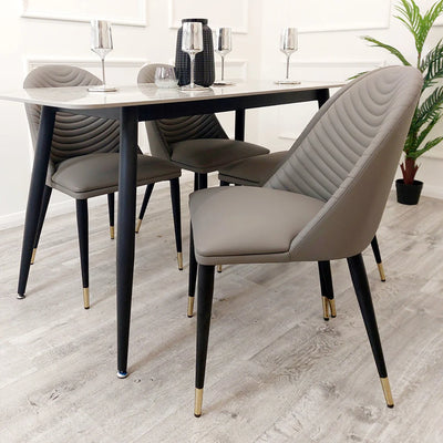 Titus 140cm Black Dining Table with Sintered Ceramic Stone Top + Alba PU Leather Dining Chairs