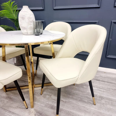 June 90cm Round Gold/White Ceramic Marble Dining Table + Astra PU Leather / Fabric Dining Chairs