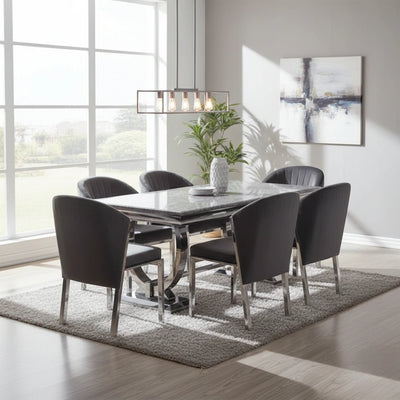Arianna Marble & Chrome Dining Table With Fabio Grey Velvet Chairs