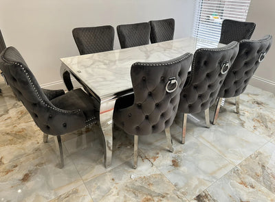 Louis White Marble & Chrome Dining Table With Victoria Ring Knocker Grey Velvet Chairs