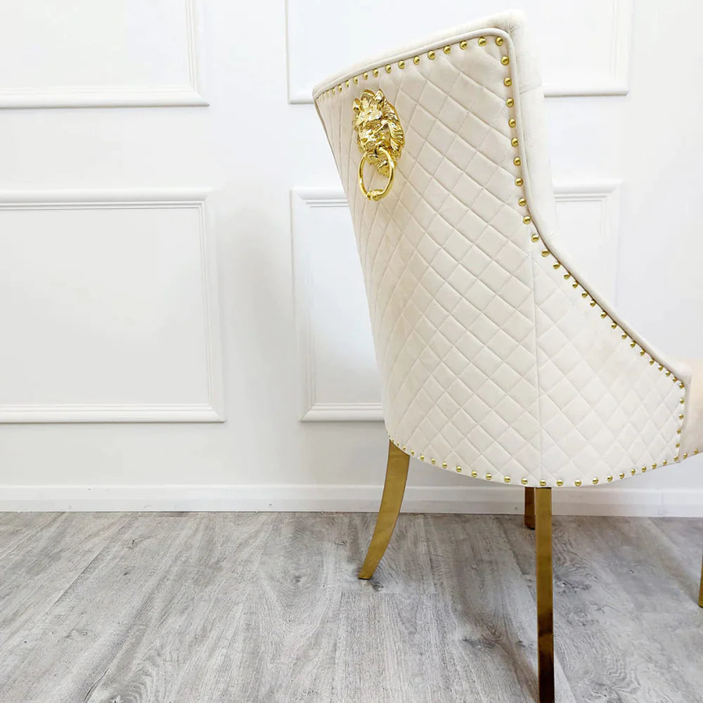 Arianna 200CM Gold Marble Dining Table + Gold Lion Knocker Dining Chairs