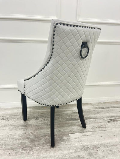 Light Grey Silver Plush Velvet Black Ring Quilted Knocker Chair Black Legs