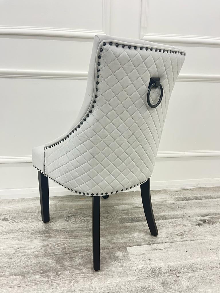 Light Grey Silver Plush Velvet Black Ring Quilted Knocker Chair Black Legs