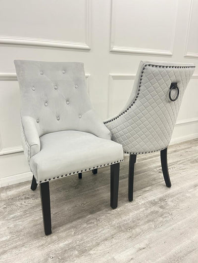 Light Grey Silver Plush Velvet Black Ring Quilted Knocker Chair Black Legs