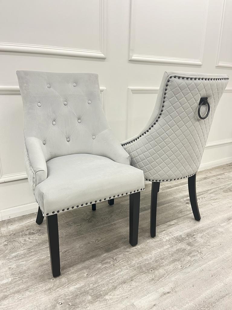 Light Grey Silver Plush Velvet Black Ring Quilted Knocker Chair Black Legs