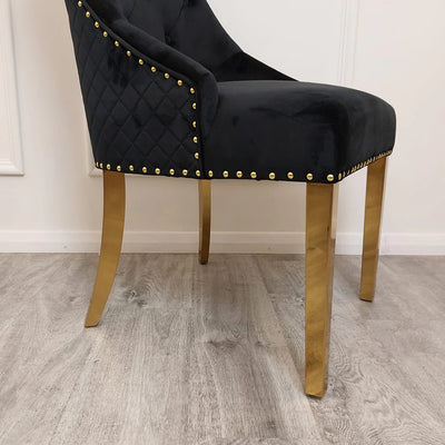 Louis Gold Marble Dining Table With Gold Quilted Lion Knocker Velvet Chairs