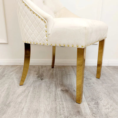Louis 130cm Gold Round Marble Dining Table + Cream Gold Lion Dining Chairs