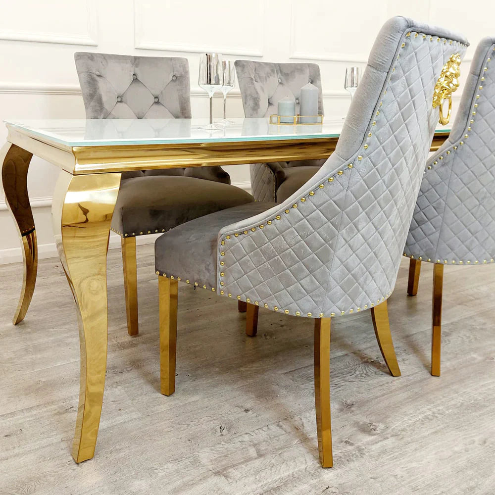 Louis 130cm Gold Round Marble Dining Table + Gold Lion Dining Chairs
