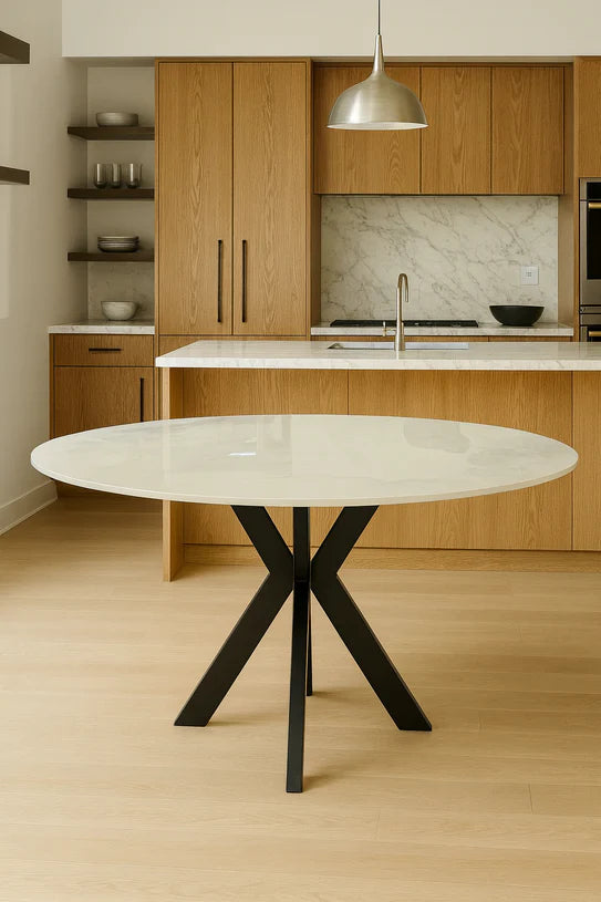 Phoenix 110cm Round White Ceramic Marble Fixed Dining Table