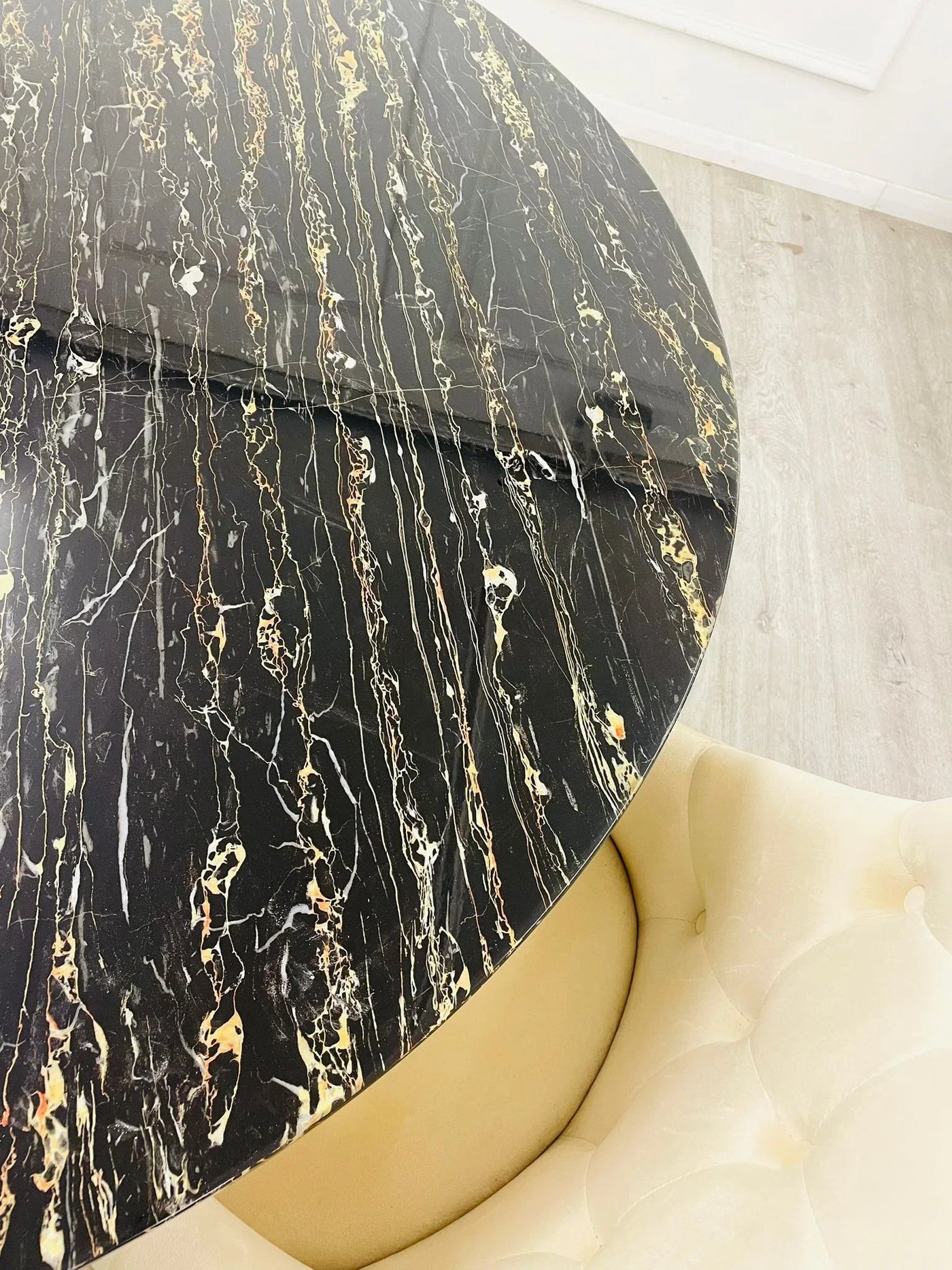 Louis 130cm Gold Round Marble Dining Table + Cream Gold Lion Dining Chairs