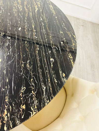 Louis 130cm Gold Round Marble Dining Table + Cream Gold Lion Dining Chairs