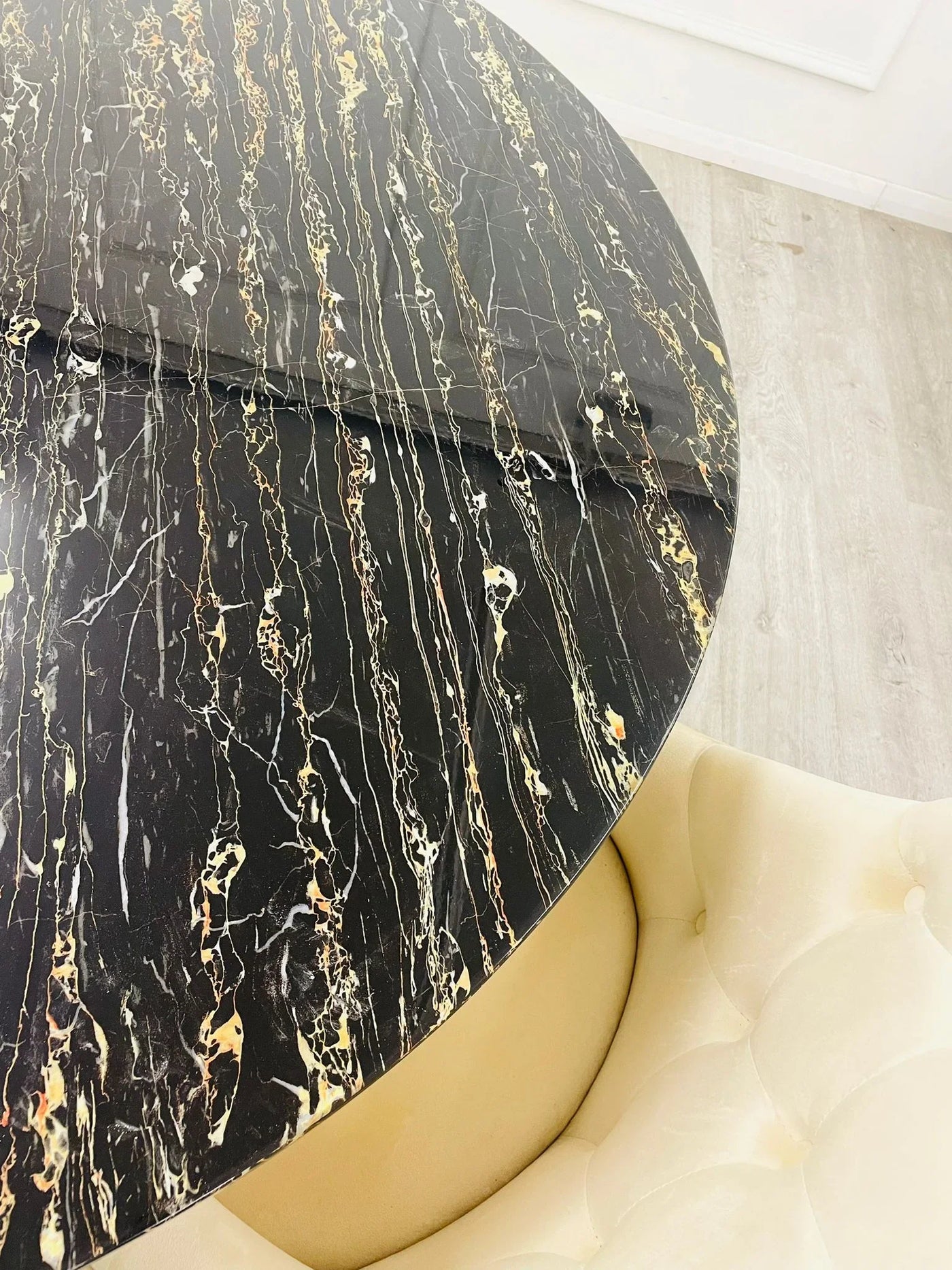 Louis 130cm Gold Round Marble Dining Table + Black Gold Lion Dining Chairs