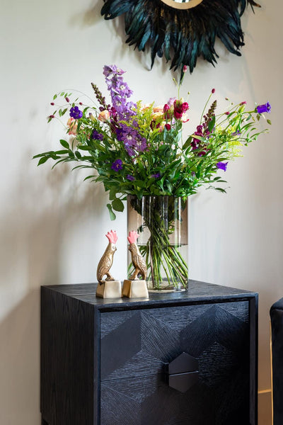 Richmond Interiors Blax Black Oak Wood Isometric Cube Pattern Square Bedside Table | 2 Drawers