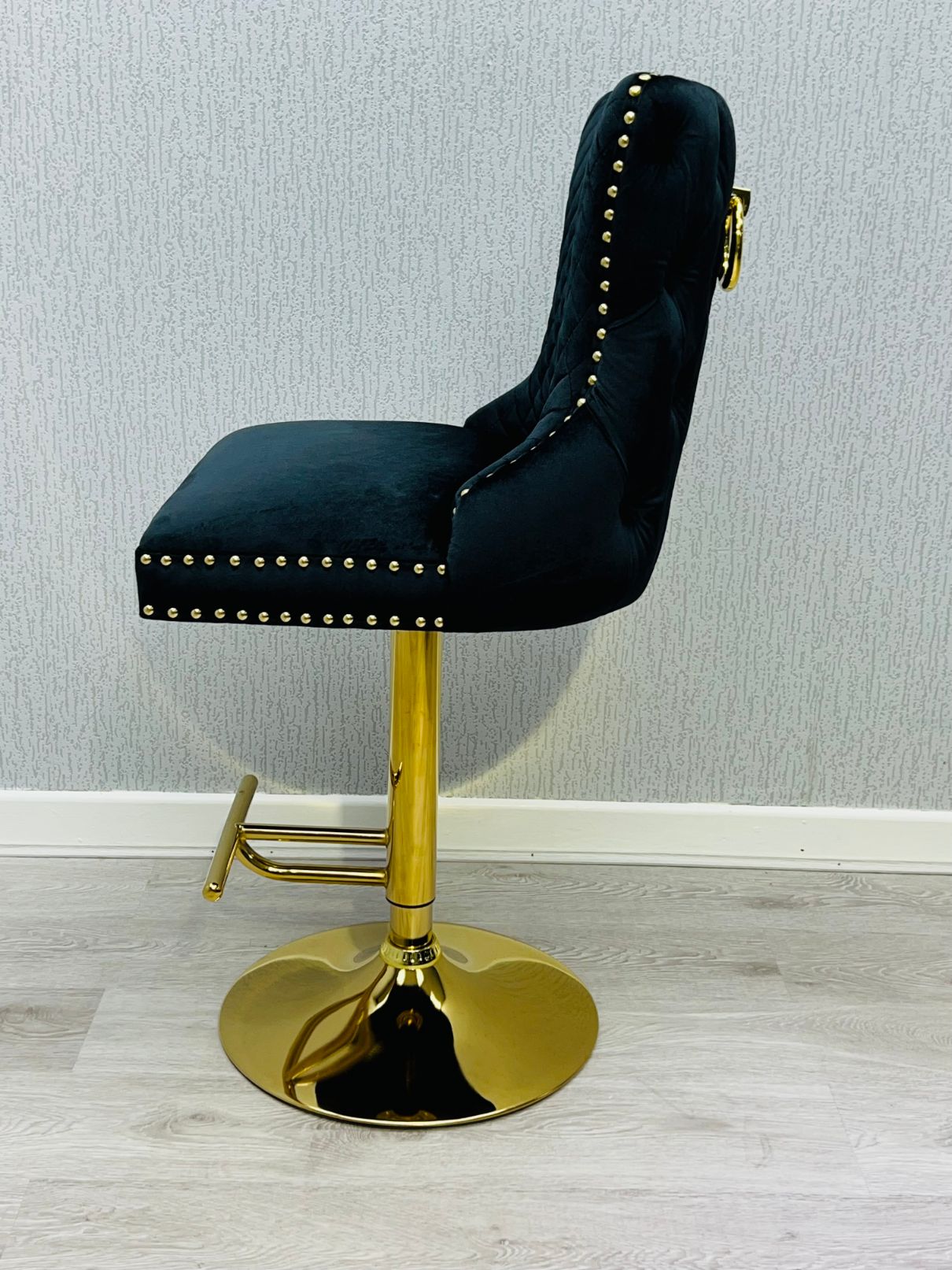 Valentino Black Gold Lion Knocker Quilted Back Plush Velvet Gold Bar Stool