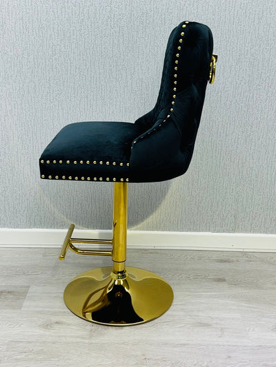 Valentino Black Gold Lion Knocker Quilted Back Plush Velvet Gold Bar Stool