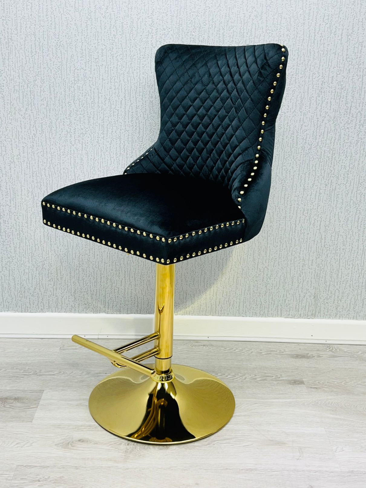 Valentino Black Gold Lion Knocker Quilted Back Plush Velvet Gold Bar Stool
