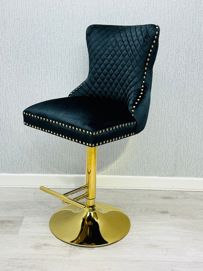Valentino Black Gold Lion Knocker Quilted Back Plush Velvet Gold Bar Stool