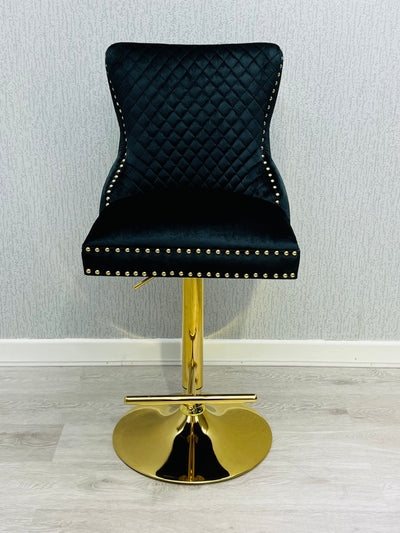 Valentino Black Gold Lion Knocker Quilted Back Plush Velvet Gold Bar Stool