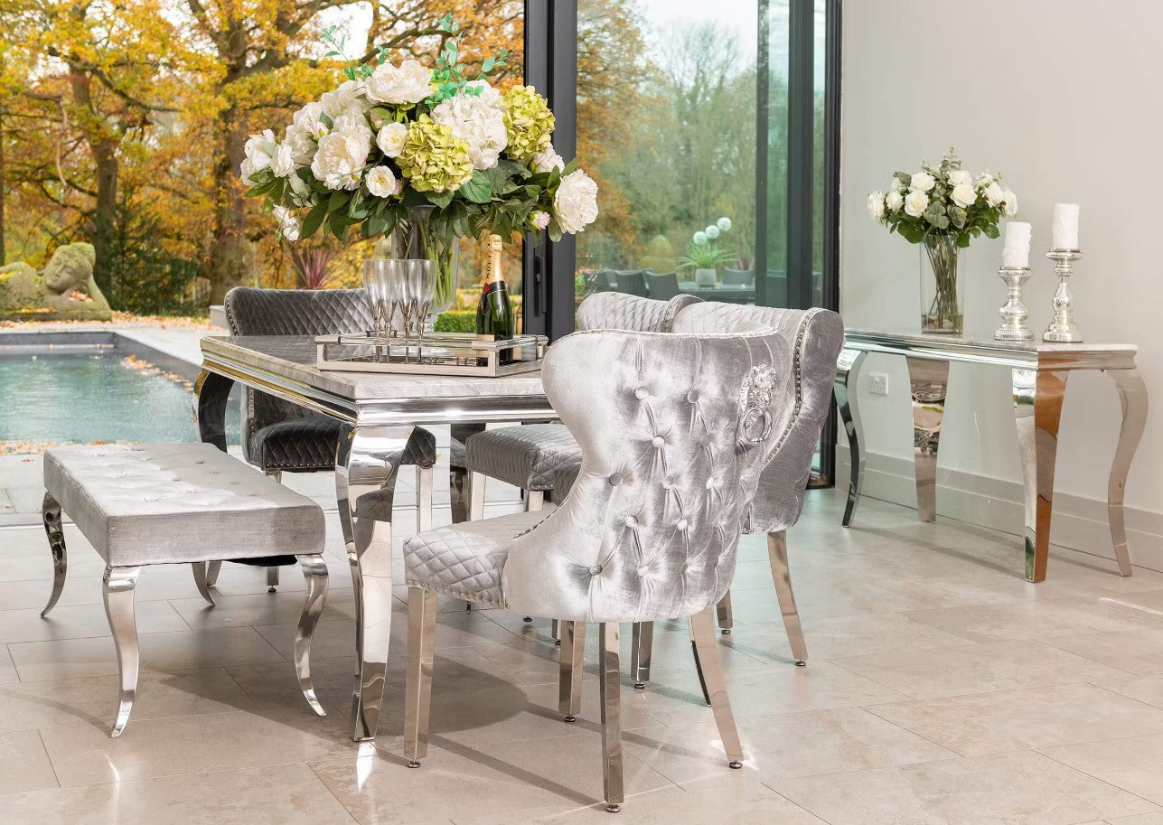 Louis Marble & Chrome Dining Table With Valente Lion Knocker Velvet Chairs & Bench