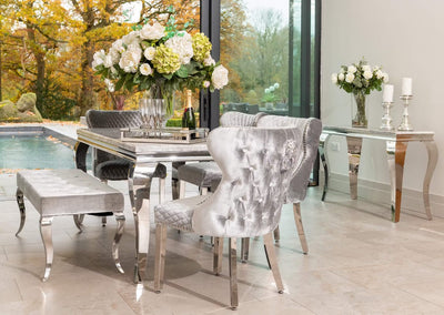 Louis Marble & Chrome Dining Table With Valente Lion Knocker Velvet Chairs & Bench