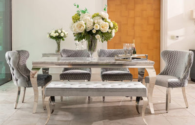 Louis Marble & Chrome Dining Table With Valente Lion Knocker Velvet Chairs & Bench