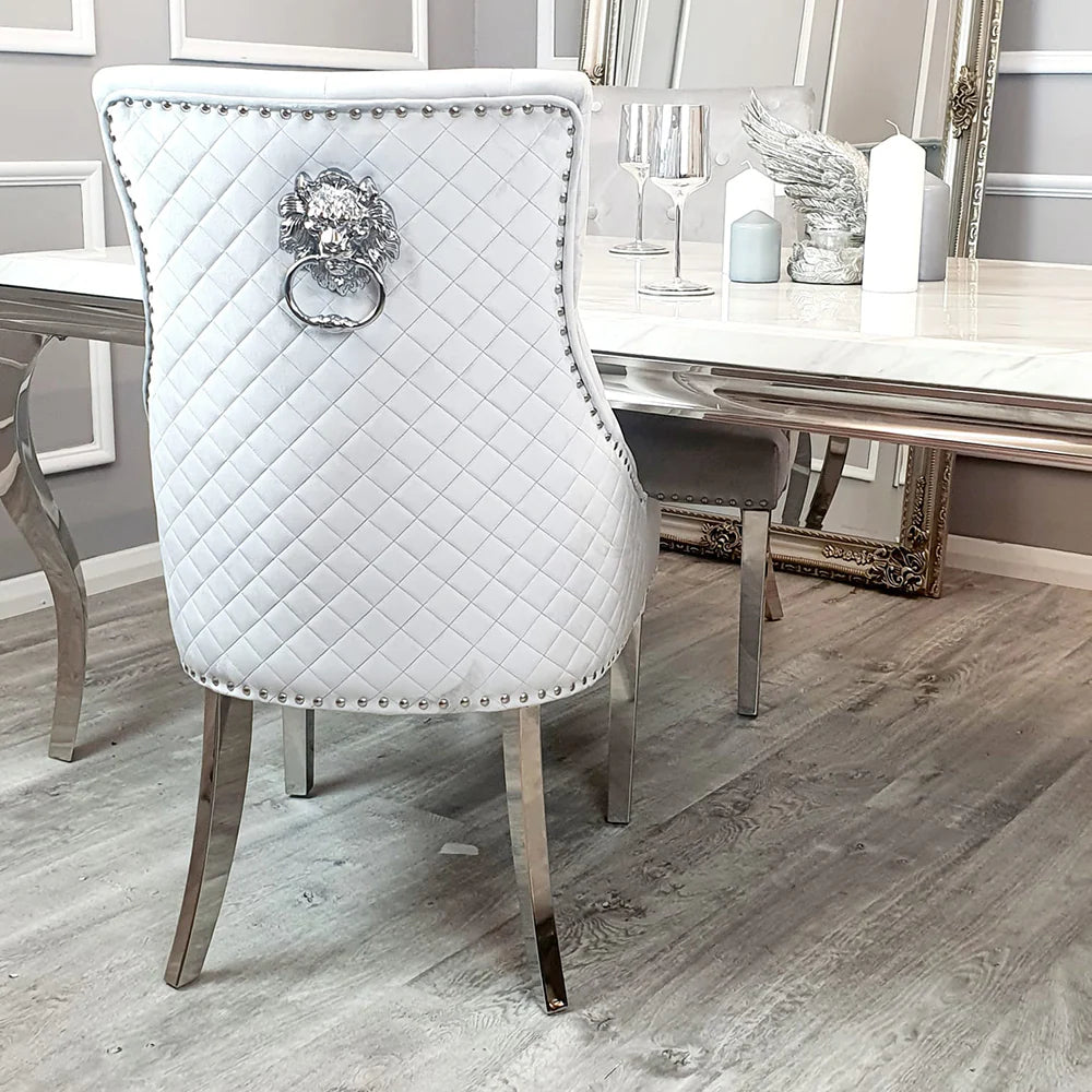 Louis 160cm Marble & Chrome Dining Table With Quilted Lion Knocker Velvet Chairs