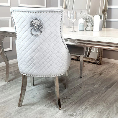 Louis 160cm Marble & Chrome Dining Table With Quilted Lion Knocker Velvet Chairs