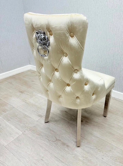 Louis Marble & Chrome Dining Table With Victoria Cream Lion Knocker Velvet Chairs