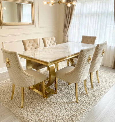 Arianna Marble & Gold Dining Table With Quilted Lion Knocker Velvet Chairs Gold Legs