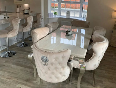 Louis Marble & Chrome Dining Table With Valentino Lion Knocker Velvet Chairs