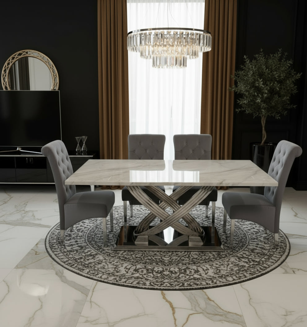 Elina 160cm Marble & Chrome Dining Table With Lucy Quilted Lion Knocker Velvet Chrome Chairs
