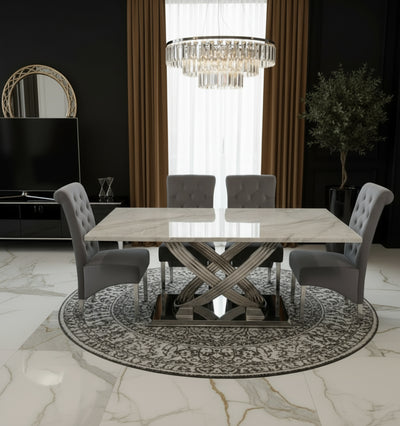 Elina 160cm Marble & Chrome Dining Table With Lucy Quilted Lion Knocker Velvet Chrome Chairs