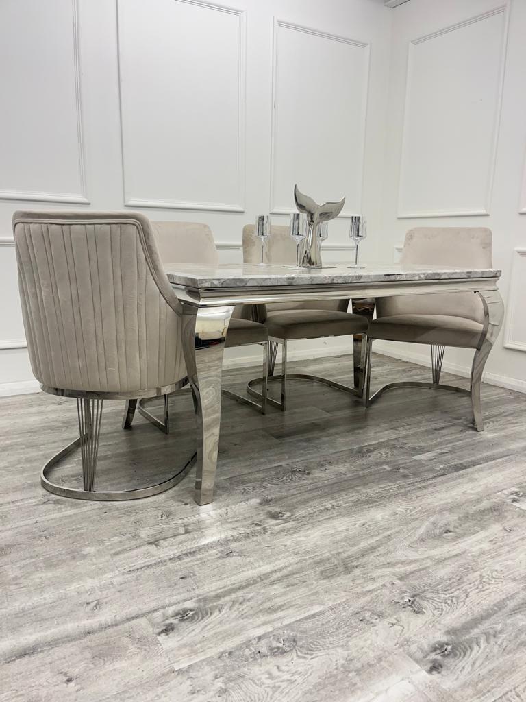 Louis Marble & Chrome Dining Table With Carlton Beige/Chrome Velvet Chairs