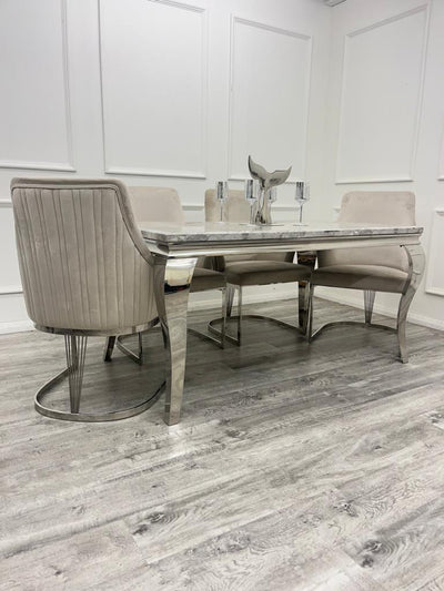 Louis Marble & Chrome Dining Table With Carlton Beige/Chrome Velvet Chairs