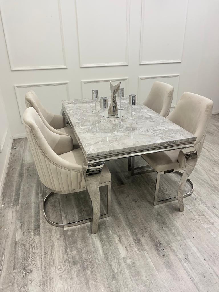 Louis Marble & Chrome Dining Table With Carlton Beige/Chrome Velvet Chairs