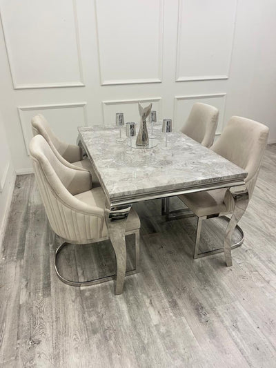 Louis Marble & Chrome Dining Table With Carlton Beige/Chrome Velvet Chairs