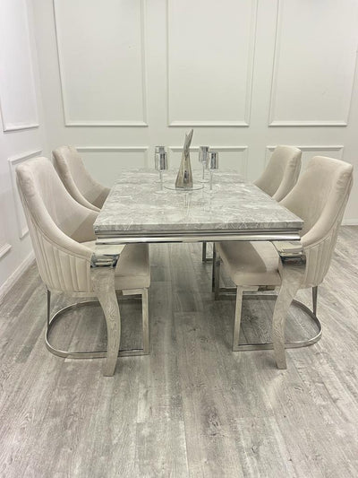Louis Marble & Chrome Dining Table With Carlton Beige/Chrome Velvet Chairs
