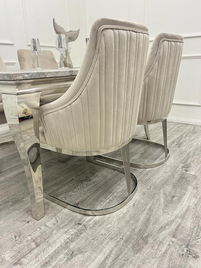Louis Marble & Chrome Dining Table With Carlton Beige/Chrome Velvet Chairs