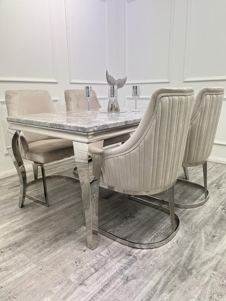 Louis Marble & Chrome Dining Table With Carlton Beige/Chrome Velvet Chairs