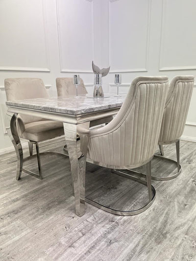 Louis Marble & Chrome Dining Table With Carlton Beige/Chrome Velvet Chairs