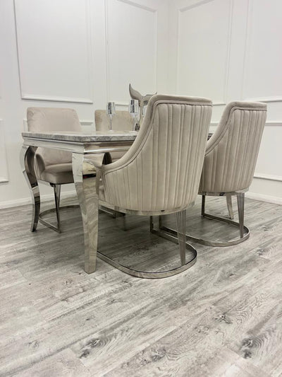 Louis Marble & Chrome Dining Table With Carlton Beige/Chrome Velvet Chairs